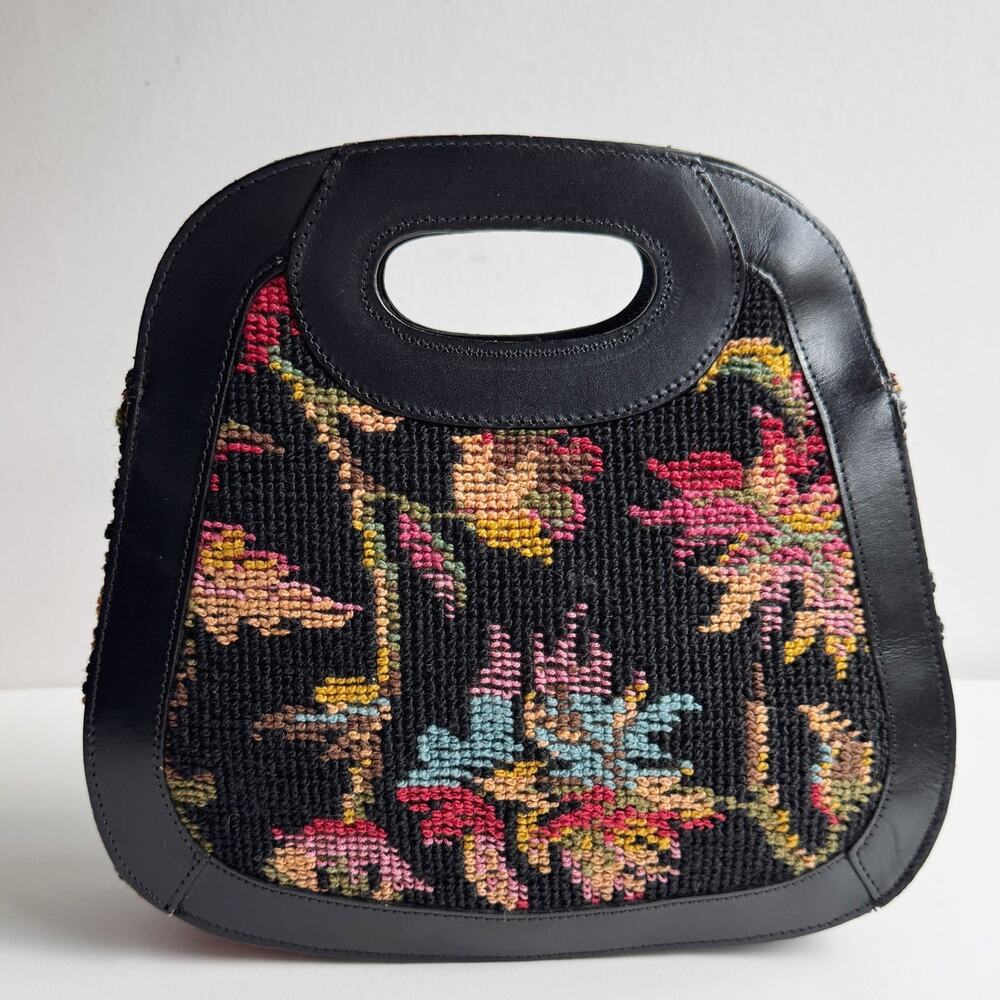 Vintage Black Floral Needlepoint Tapestry Leather Cutout Handle Carpet Handbag
